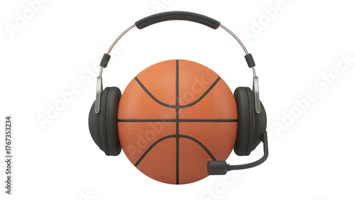 A basketball with a headset on it representing sports commentary or a basketball player listening to music isolated on transparent background
