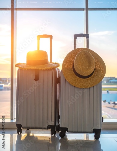 Two light gray suitcases with straw hats, at airport window.  Sunrise view
