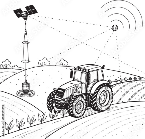 A tractor in a field connected to a satellite and a ground station for precision agriculture