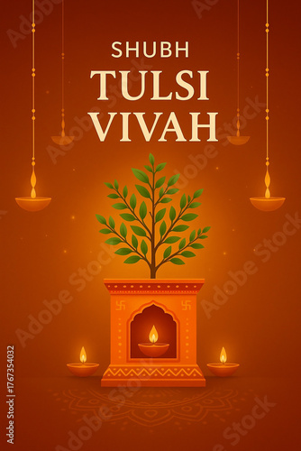 Elegant Tulsi Vivah festival illustration showing a sacred Tulsi plant placed in a decorated Tulsi Vrindavan (traditional pot stand) with diyas (lamps) glowing around it. Background in warm gradient s