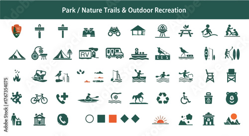 Outdoor Wayfinding Icons Pack - Park Trails, Camp, Water Access, Dog, Horse, Climb, Safety Vector
