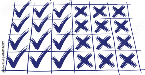 Grid with Check Marks and Crosses Illustrating Choice, Decision, or Progress and Outcome