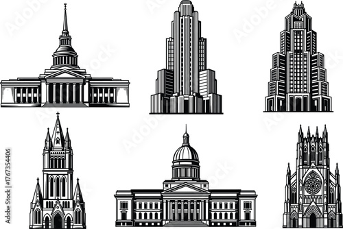 Architectural building silhouettes, gothic cathedral, government dome, skyscraper, classical facade, spire, columns, black vector, landmark design, historical structure, urban illustration