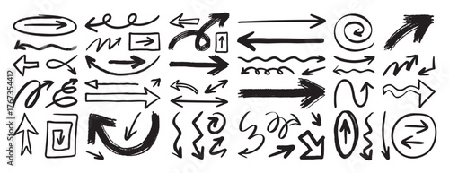 hand drawn arrows set grunge rough, brush stroke curly arrow collection