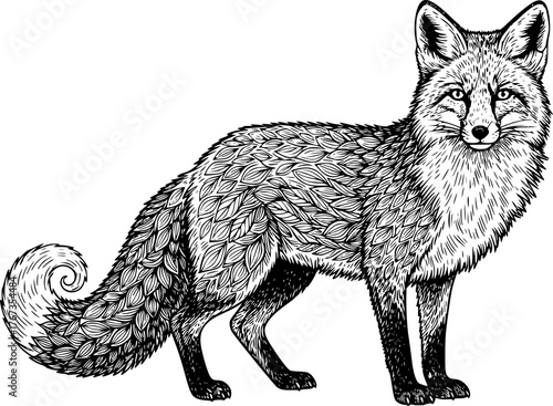 beautiful fox vintage sketch, black and white
