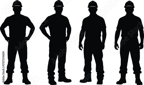 Construction worker silhouette set, black vector icons, helmeted labor figures, industrial poses, safety attire, isolated on white background, editable illustration