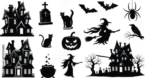 Halloween silhouettes, haunted house, witch, bat, pumpkin, spooky tree, spider, black cat, graveyard, cauldron, eerie decor, scary elements, vector illustration