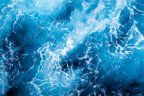 Ocean water background. Top view of enchanting foamy water. Can be used in covers, packaging, posters, textures, wallpapers, art and design projects. Amazing vector illustration.