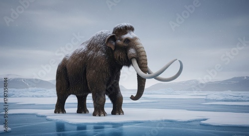 A majestic woolly mammoth stands on an icy plain under a cloudy sky, its tusks curved and fur covered in snow
