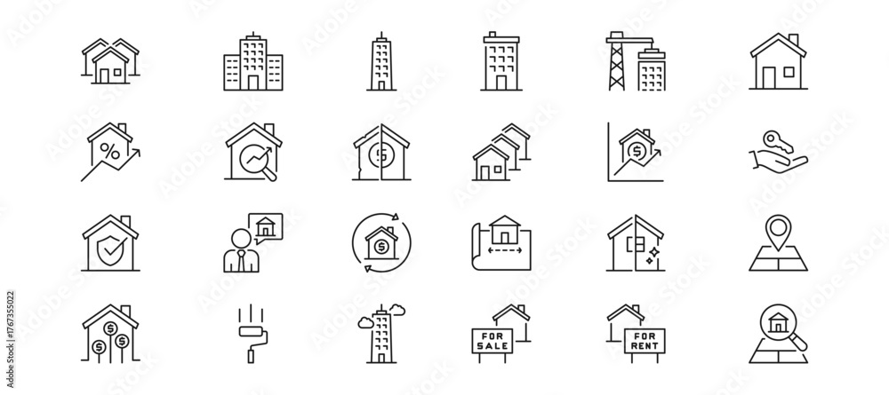 Obraz premium Real Estate Icon set containing commercial real estate, sky crapper, apartment, development, home, mortgage rate, property valuation and house flip vector icons