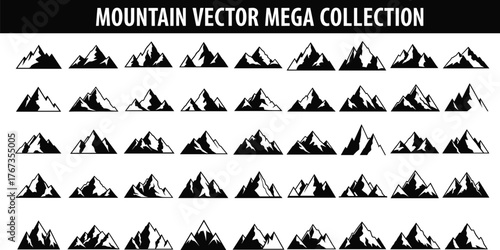 Mountain silhouette vector set, black and white peaks, stylized terrain icons, editable illustrations, isolated on white background, graphic design elements