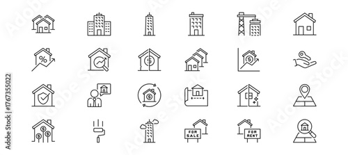 Real Estate Icon set containing commercial real estate, sky crapper, apartment, development, home, mortgage rate, property valuation and house flip vector icons