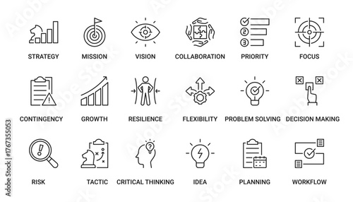 Business Strategy Icon Set containing mission, vision, collaboration, priority, focus, contingency plan, growth and resilience vector icons