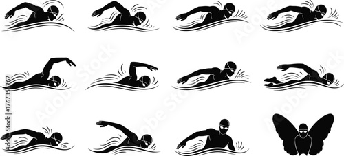 Swimming silhouette set, competitive strokes, freestyle, butterfly, backstroke, breaststroke, black vector icons, athlete motion, isolated on white background, editable illustration