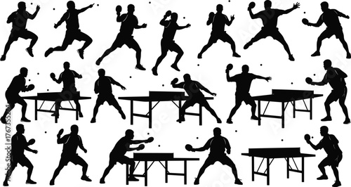 Table tennis silhouette set, black vector icons, ping pong player poses, dynamic sports actions, isolated on white background, editable design elements