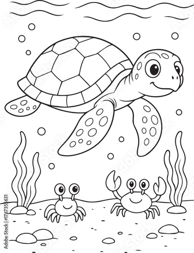 Sea Turtle and Baby Crab coloring page hand drawn illustration