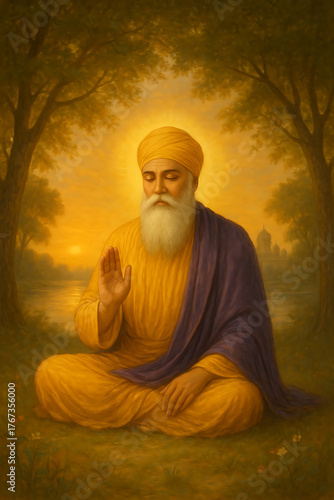 Guru nanak dev ji sitting in meditation outdoors in a lush landscape with trees and a gurudwara silhouette at sunset happy nanak jayanti