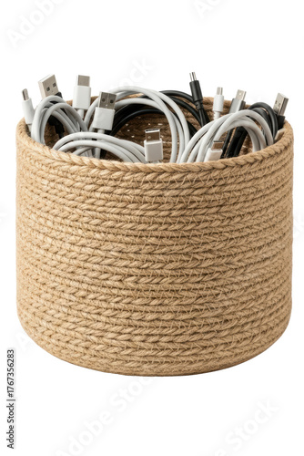 Woven storage basket full of tangled electronic device cables isolated with transparent background