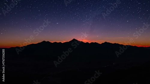 Majestic mountain sunrise transitioning to a stunning starry nightscape scenery