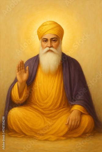 Full portrait of guru nanak dev ji sitting cross-legged in a bright yellow robe and purple shawl with a raised hand for blessing happy nanak jayanti