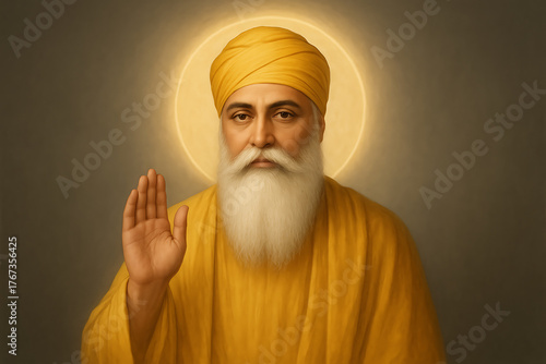 A striking, close-up portrait of guru nanak dev ji in a bright yellow robe and turban with a glowing halo happy nanak jayanti