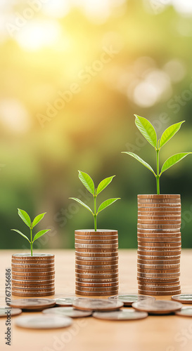Financial investment and savings growth concept with plants on stacks of coins