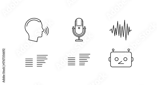 Minimal line icon set for voice assistant, speech recognition, and AI. Features microphone, sound waves, and bot symbols for modern audio tech interfaces