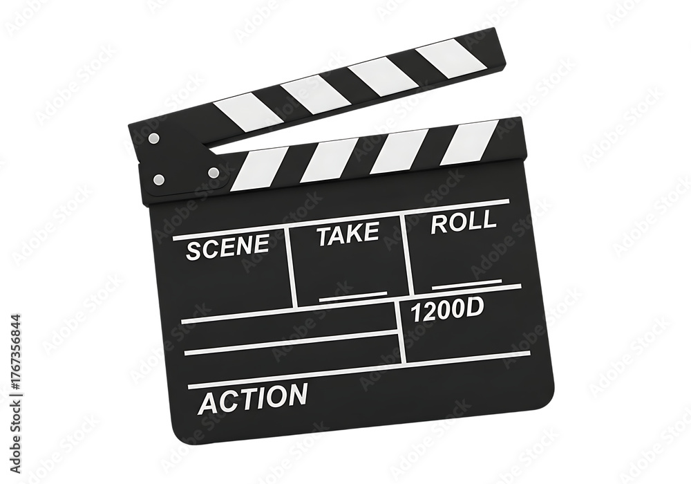 Fototapeta premium 3d illustration of a black film clapperboard with white stripes, open and ready for action, isolated on transparent background, symbolizing movie production and filmmaking on transparent background