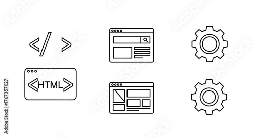 Outline vector icon set for web development. Symbols include coding, HTML tags, browser windows, and settings gears. Ideal for digital technology and configuration processes