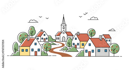 Whimsical Townscape: Sunny Village Streets and Church Spire