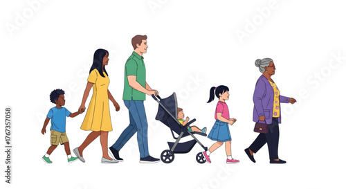 Family Walk: Diverse Group Strolling Together On White