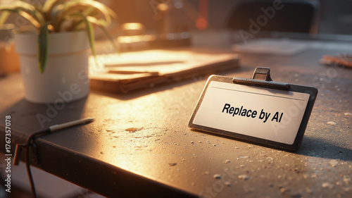 Wallpaper Mural Dramatic close-up of a "Replace by AI" name tag on a thick dusty desk, hard light creating a lonely atmosphere of job loss and automation. Torontodigital.ca
