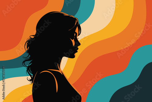 Silhouette of a Woman's Profile Against a Retro Wavy Background female head