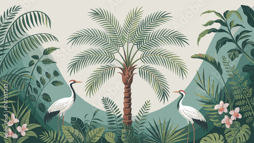 Tropical paradise with palm trees and exotic birds in vibrant illustration