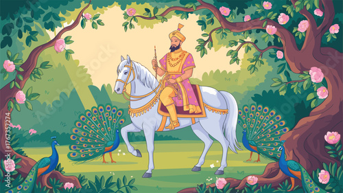 Sikh Warrior on Horseback with Peacocks in a Garden Scene