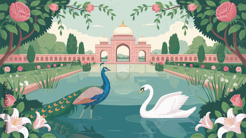 Elegant Peacock and Swan in a Serene Garden Pond with Mughal Architecture