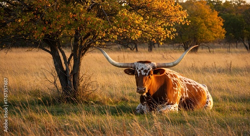 Majestic Texas Longhorn Resting Under a Tree in Golden Hour Light.