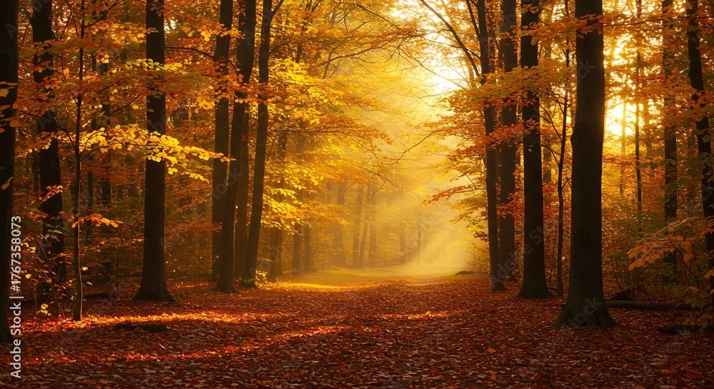 Fototapeta premium Golden Autumn Forest Path - Sunlight Through Trees.