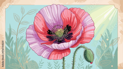 Vibrant Poppy Flower with Bud Illustration in Soft Sunlight