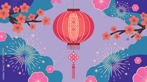 Chinese New Year Celebration with Lanterns, Fireworks, and Cherry Blossoms