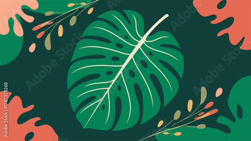 Abstract botanical illustration of a monstera leaf with scattered foliage on a dark green background