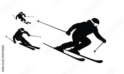 Downhill Skiing Silhouettes, Alpine Skiing Vector, Set of Skiers in Action, vector, illustration