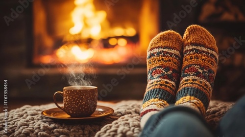 A warm cozy atmosphere of knitted socks by the fire with a steaming cup of tea, glowing orange flames in the fireplace creating a peaceful moment of comfort, relaxation, and winter home serenity.