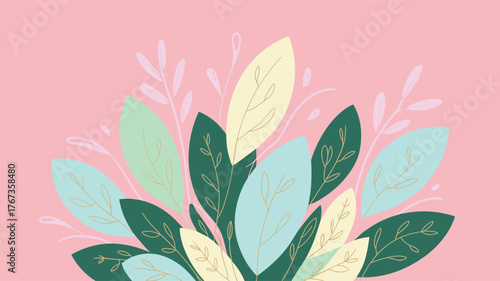 Soft Pastel Botanical Illustration with Abstract Leafy Elements on Pink Background