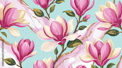 Elegant Magnolia Blossom Floral Wallpaper Design with Marble Accents