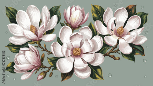 Magnolia flowers illustration with water droplets on a muted background