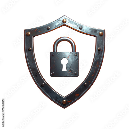 Shield with padlock symbol cyber security protection digital safety secure access privacy defense orange leather texture metallic border 3D illustration