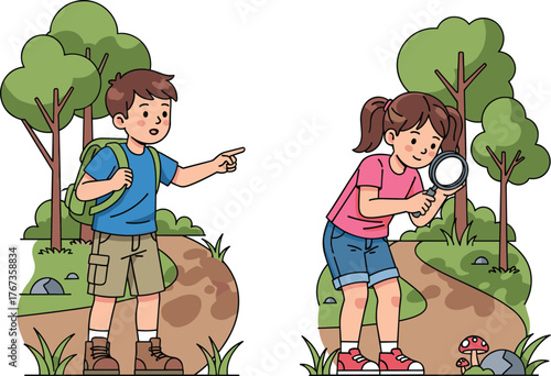 Happy, curious children wearing backpacks, boy pointing to adventure, outdoor summer trip, exploring nature, fun childhood travel.
