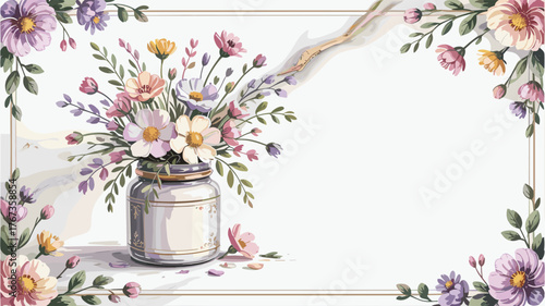 Delicate Floral Arrangement in a Jar with Spring Blossoms and Leaves