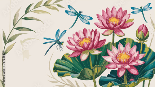 Dragonflies dancing around pink water lilies in a lush, vibrant garden illustration
